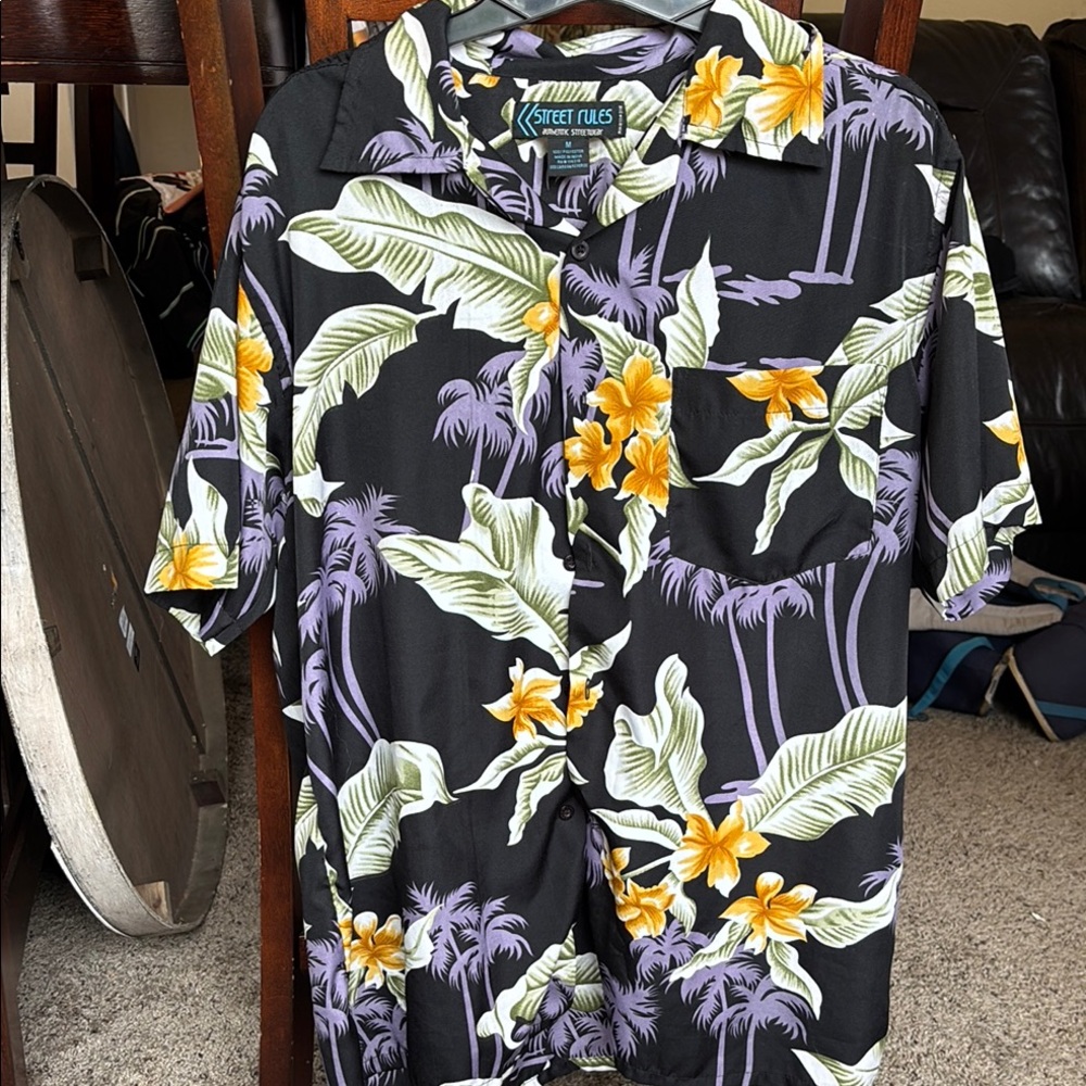 Black and Yellow Casual Button Down Shirt with Tropical Vibe